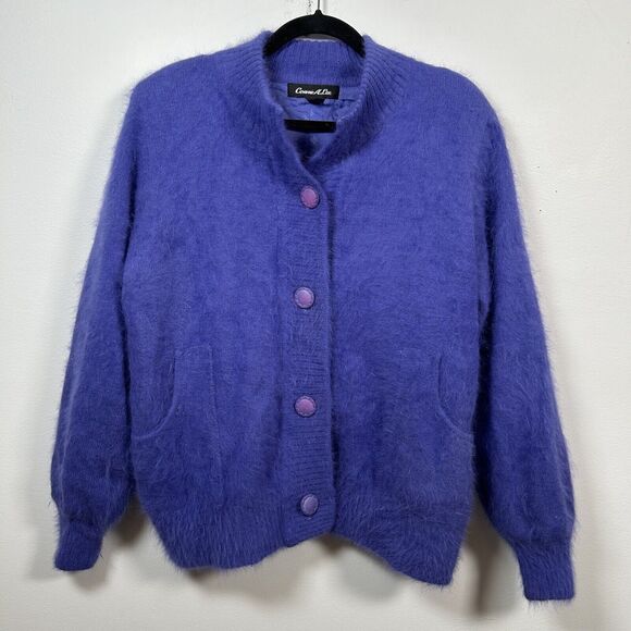 VTG Connie A Lee Angora Purple Cardigan Angola Sweater Button Up Women's Size XL - Picture 1 of 7